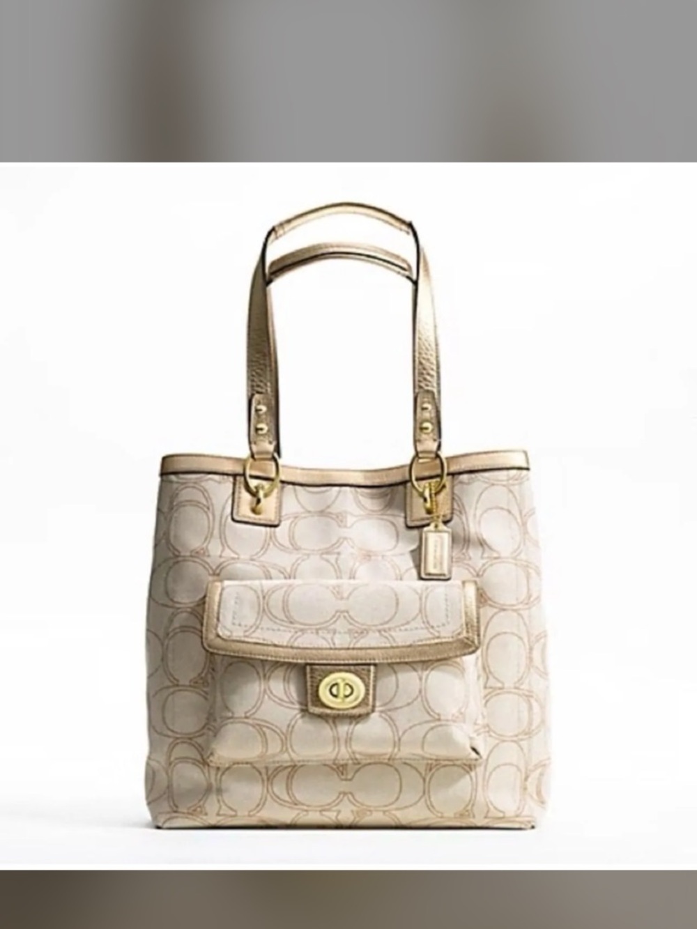 Coach Beige Signature Canvas Tote with Gold Hardware
